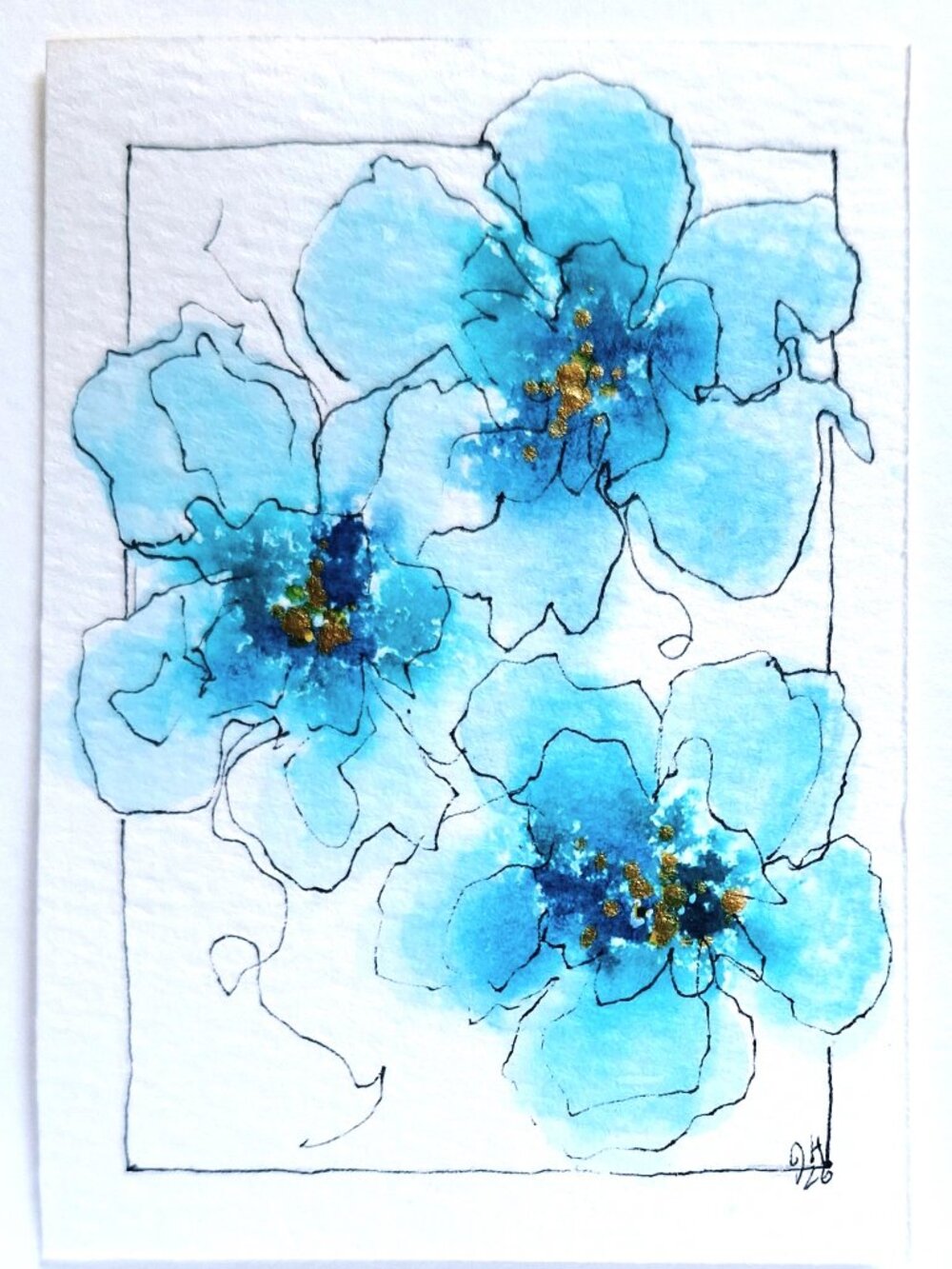 Original ACEO Watercolor Turquoise/Blue Floral with Gold Accents OOAK Ships Free